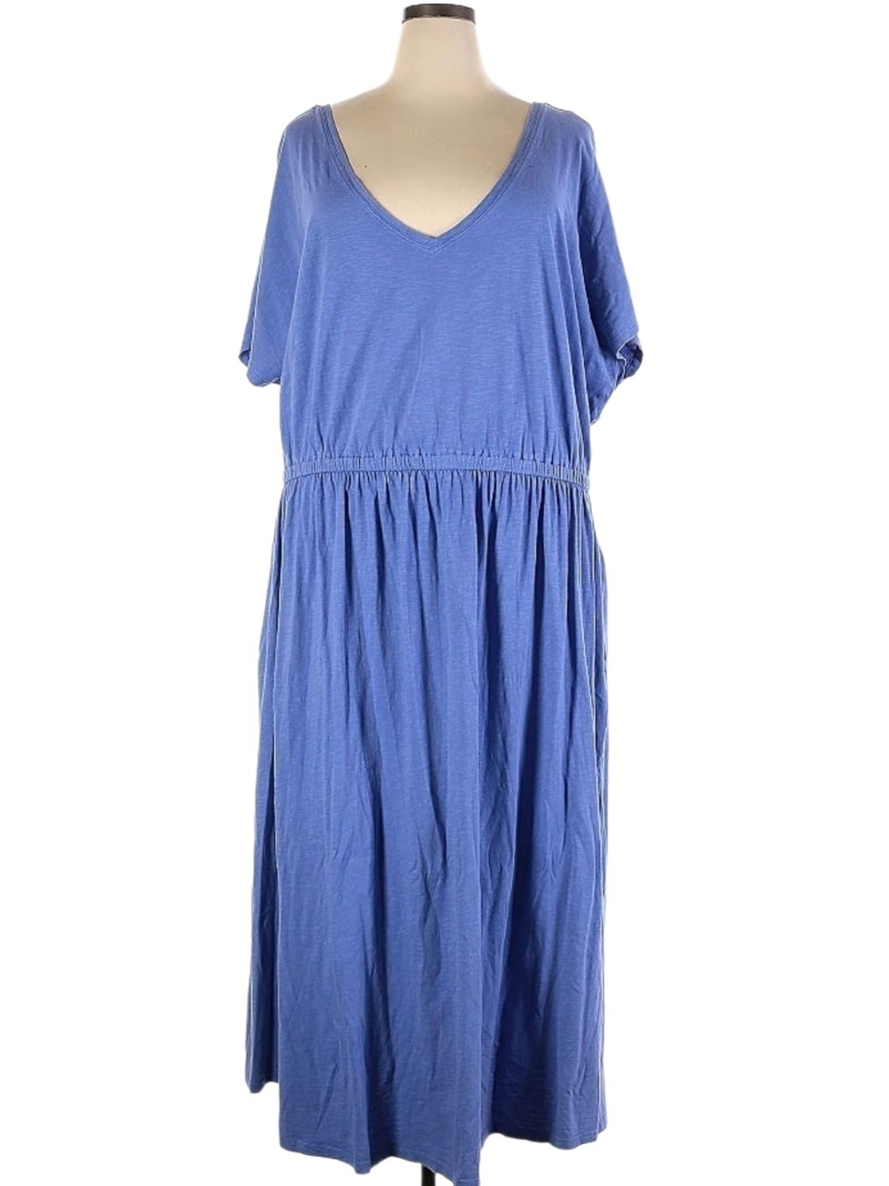 June + Vie Womens Plus Size 3X Blue V-Neck Short Sleeve Gathered Midi Dress Cott